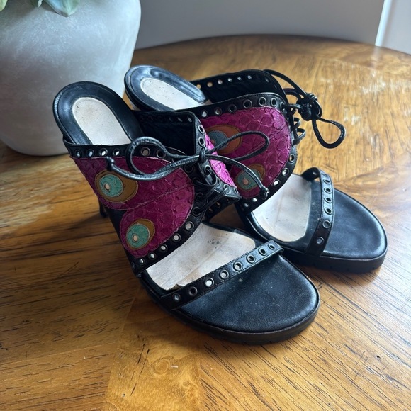 Versace Black Purple Stud LaceUp High Heel Circular OpenToe Sandals Heels 36 - Picture 1 of 7
